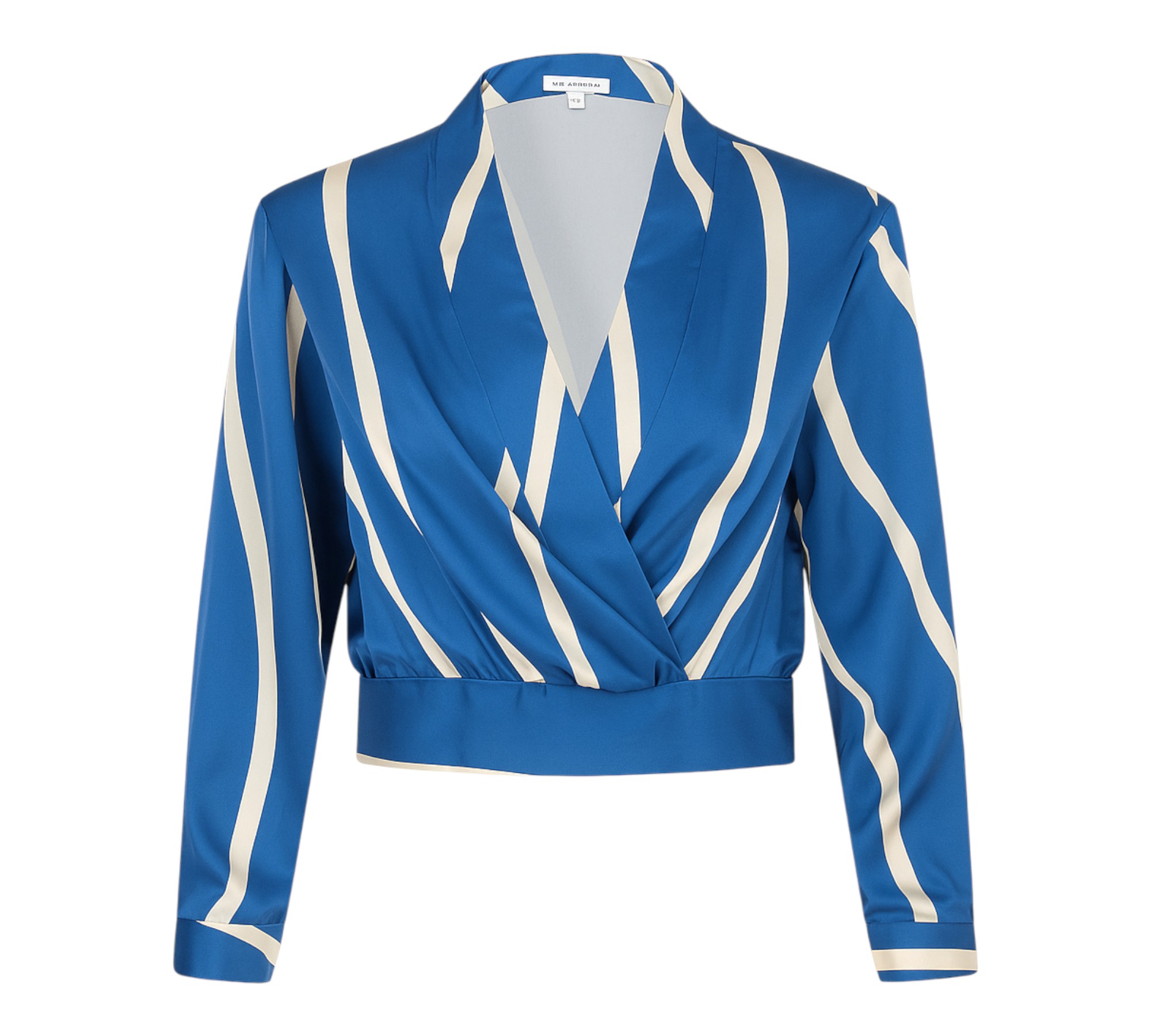 Haut croisé bleu satiné à rayures crème – Élégance et modernité